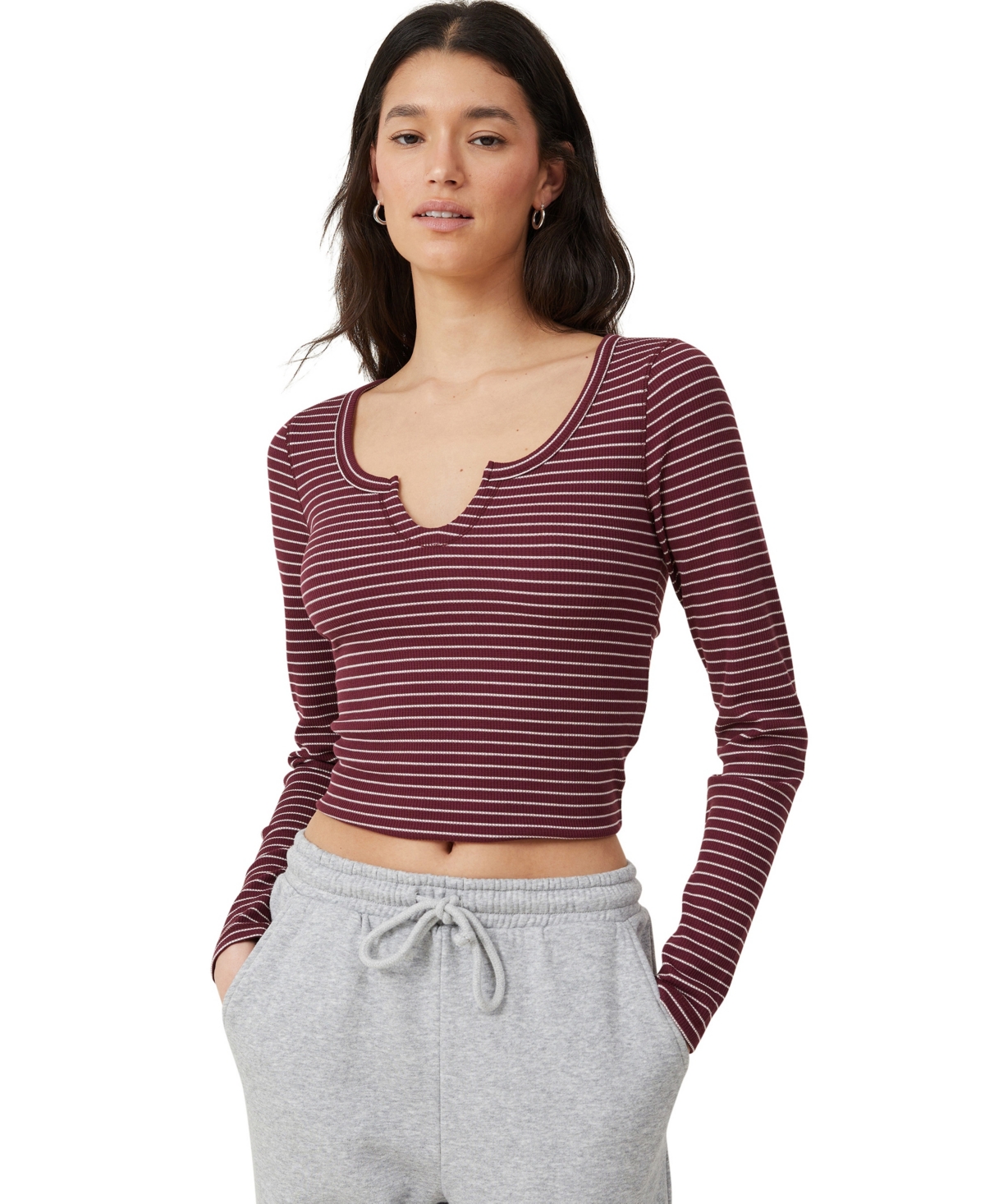 Cotton On Women's Willa Waffle Long Sleeve Top In Chloe Stripe Deep Garnet,wheat