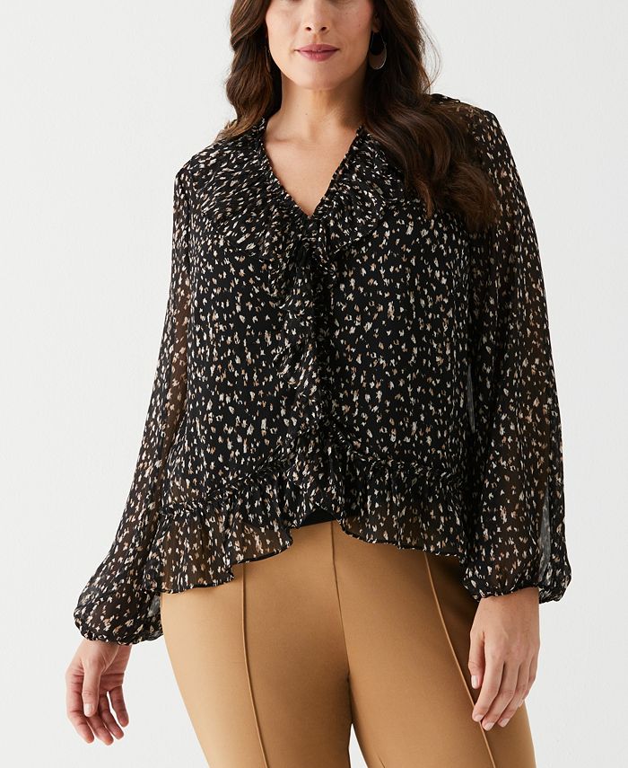 Plus Size Animal Print V neck Ruffle Long Sleeve Blouse