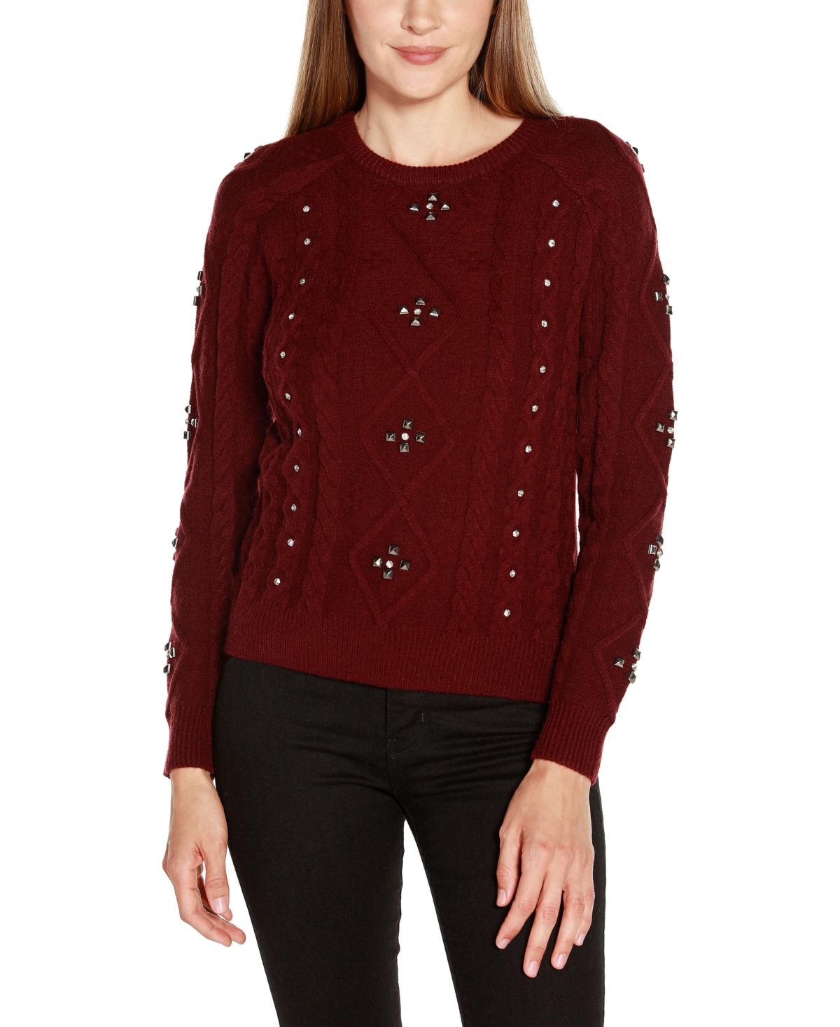 Belldini Black Label Plus Size Embellished Cable Knit Sweater In Black Cherry