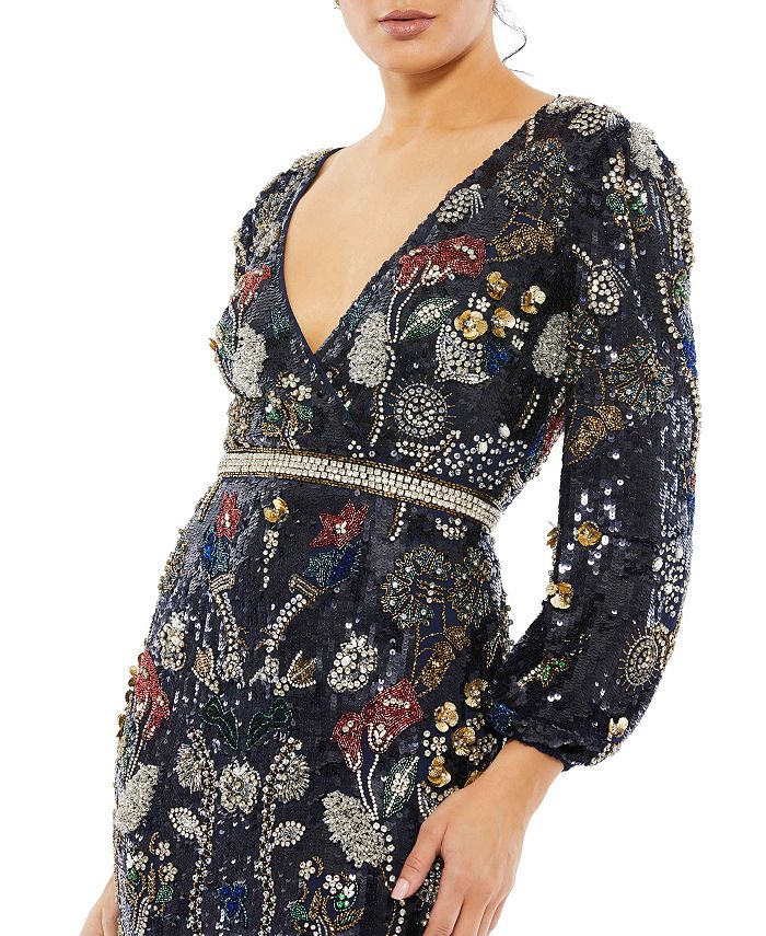 Mac Duggal Women's Embellished Wrap Over Bishop Sleeve Gown - Macy's