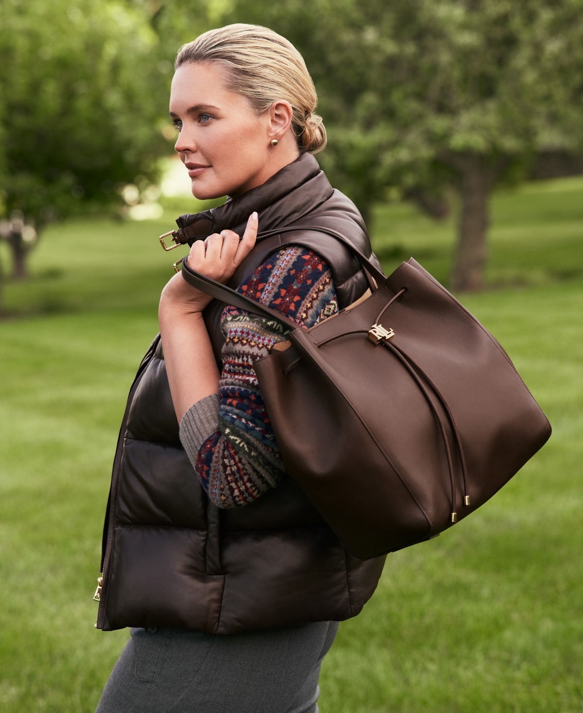Lauren Ralph Lauren Andie Large Leather Drawstring Tote