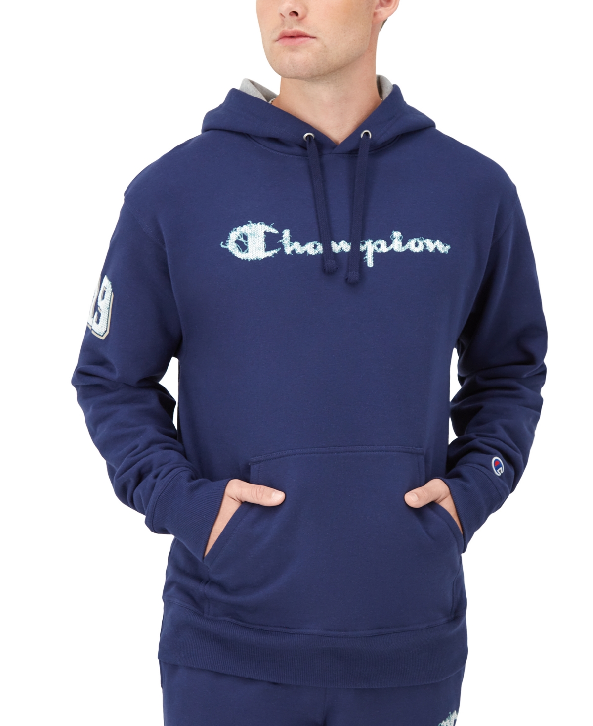 Champion Men's Powerblend Standard-fit Logo-print Fleece Hoodie In Athletic Navy
