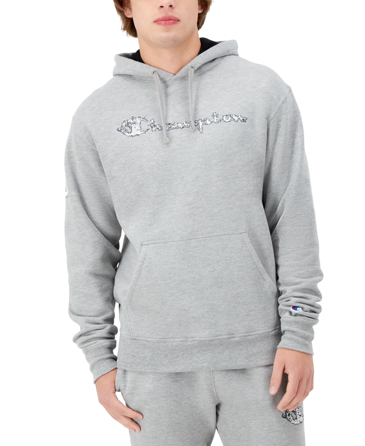 Champion Men's Powerblend Standard-fit Logo-print Fleece Hoodie In Oxford Grey