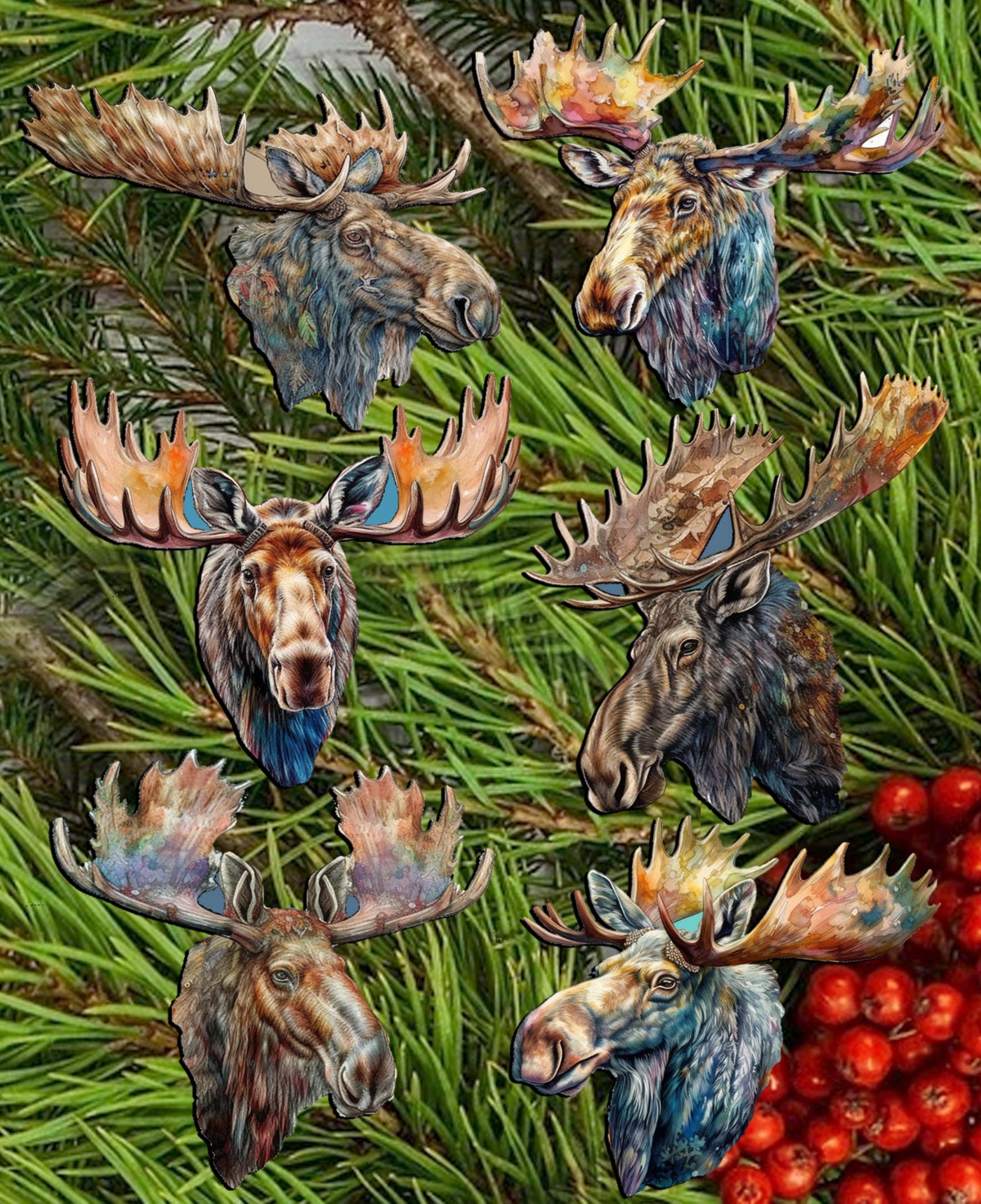 Designocracy Holiday Wooden Clip-on Ornaments Majestic Moose Set Of 6 G. Debrekht In Multi Color