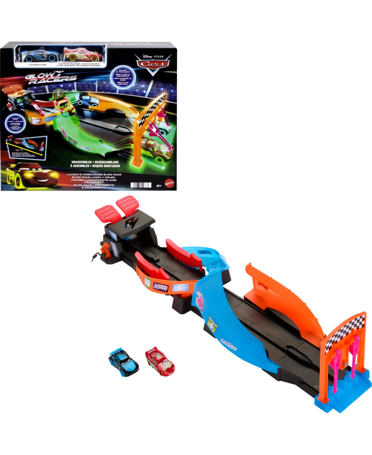 Cars Disney Pixar Glow Racers Launch Criss-cross Playset With 2 Glow-in-the-dark Vehicles In Multi-color