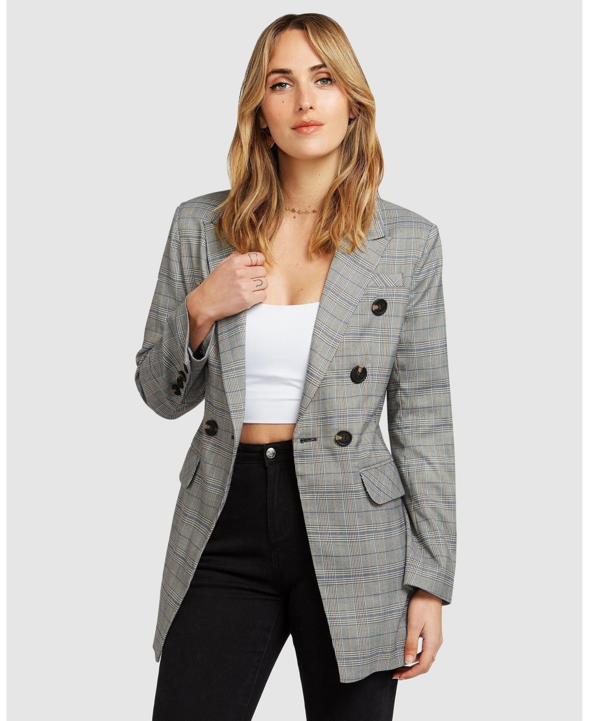 Belle & Bloom Too Cool For Work Plaid Blazer In Grey Blue White