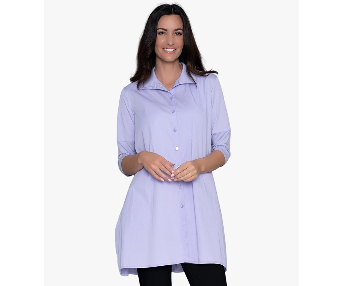 Women's 3/4 Sleeve Button-Front Cotton Poplin Shirt Top Tiburon Tunic Icon - Orchid