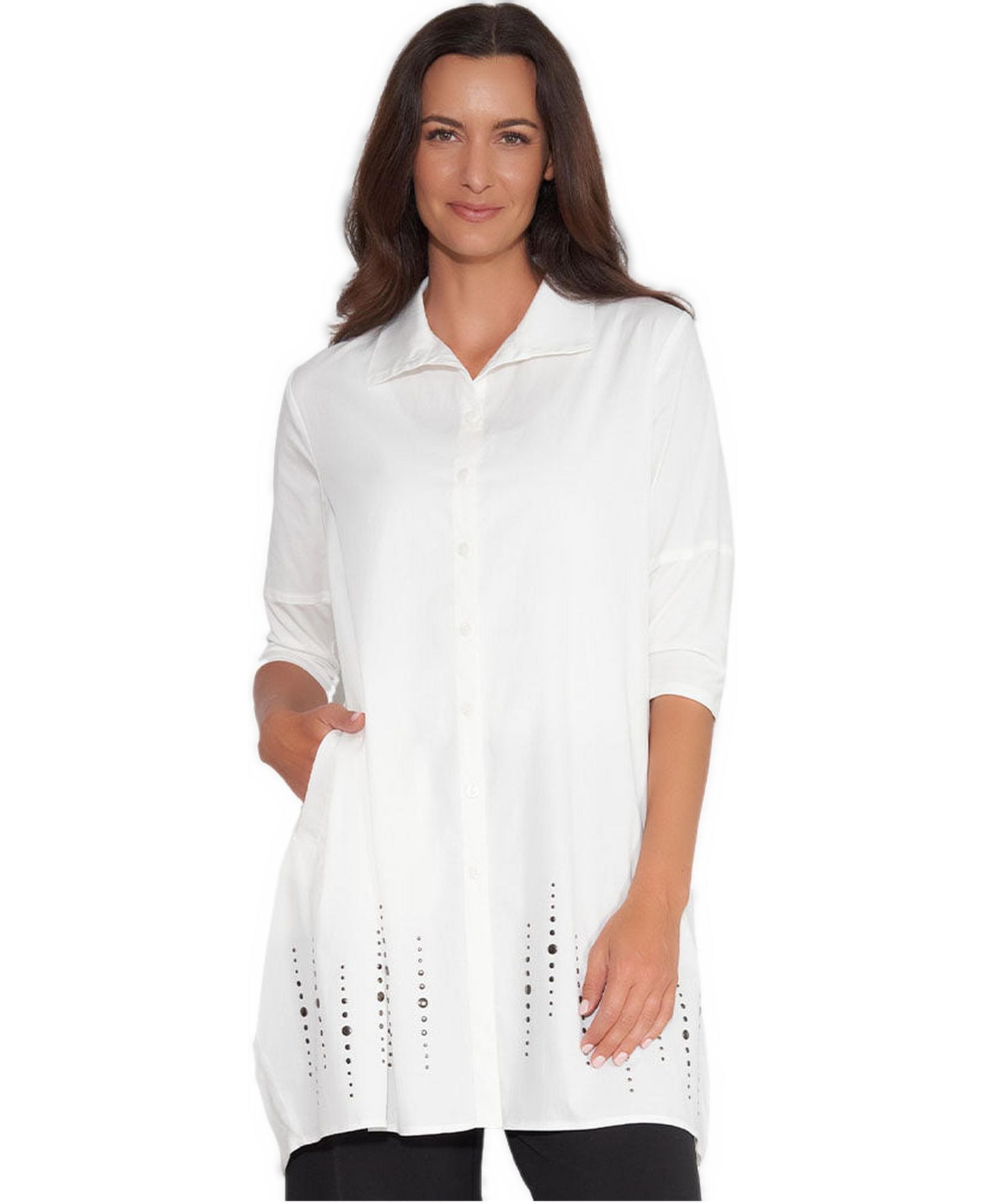 Женская рубашка Stella Carakasi 3/4 Sleeve Studded Cotton Poplin Shirt Top Tiburon Tunic Icon, цвет: Мягкий белый — фото 1