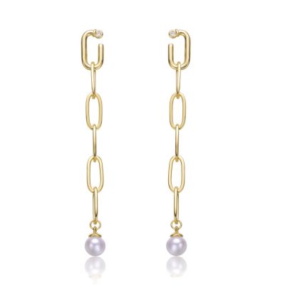 Sterling Silver 14K Gold Plated Genuine Freshwater Pearl and Cubic Zirconia Drop Butterfly Earrings