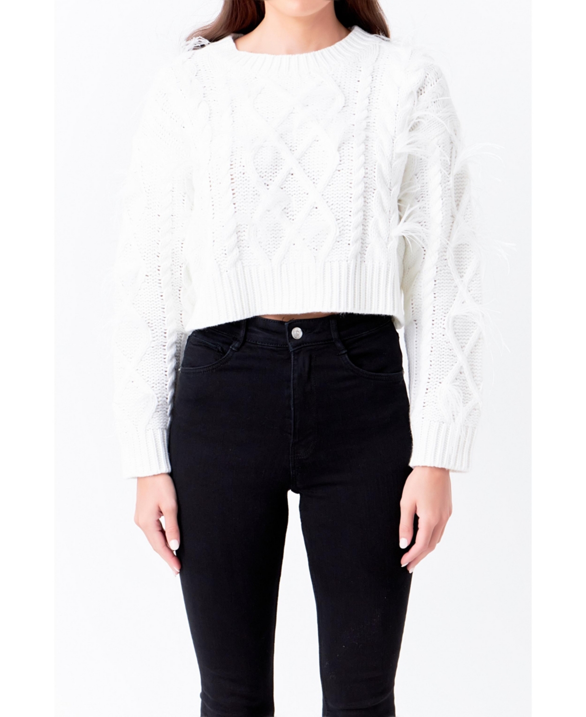 ENDLESS ROSE WOMEN'S FEATHER DETAIL CROPPED SWEATER