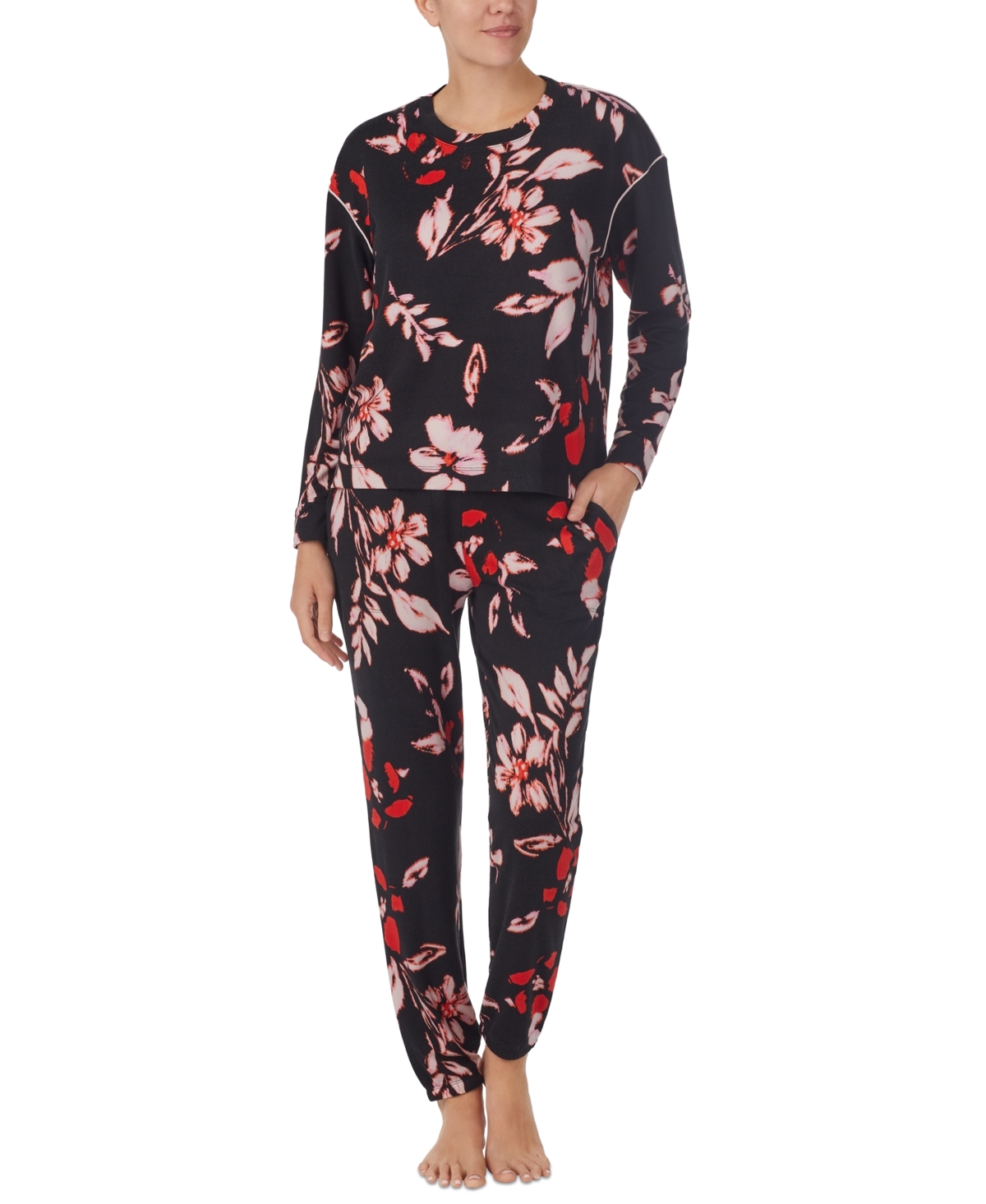Sanctuary Woman's 2-pc. Long-sleeve Jogger Pajamas Set In Black Ground Floral