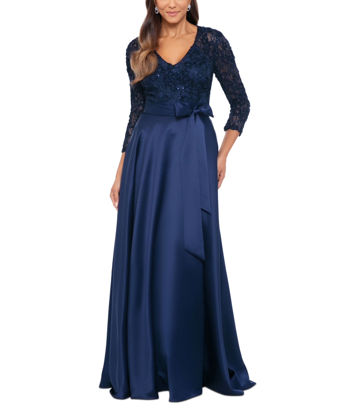 Xscape Women's Lace & Satin Long-sleeve Ballgown In Navy