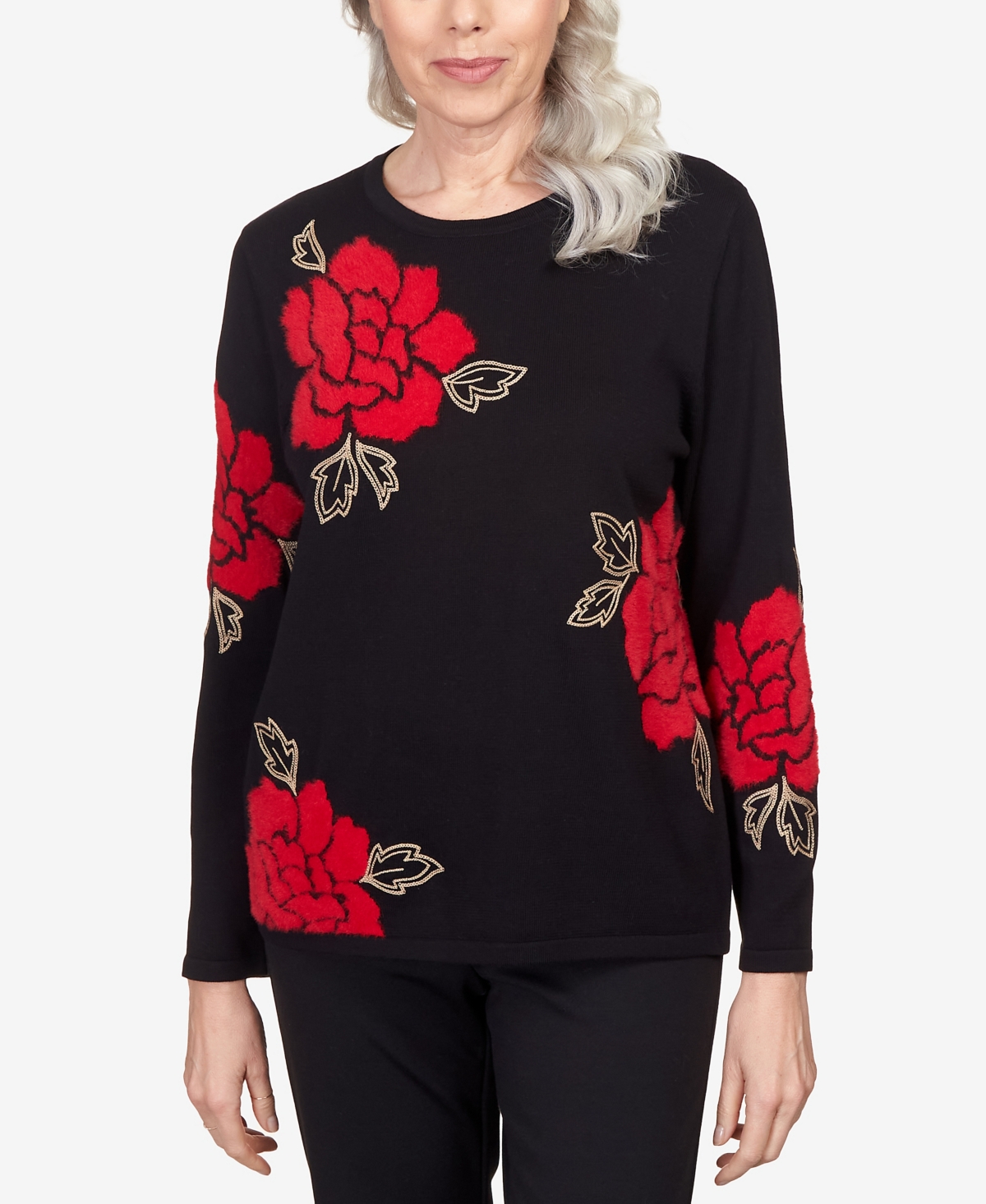 Alfred Dunner Women's Park Place Floral Jacquard Long Sleeve Sweater In Black