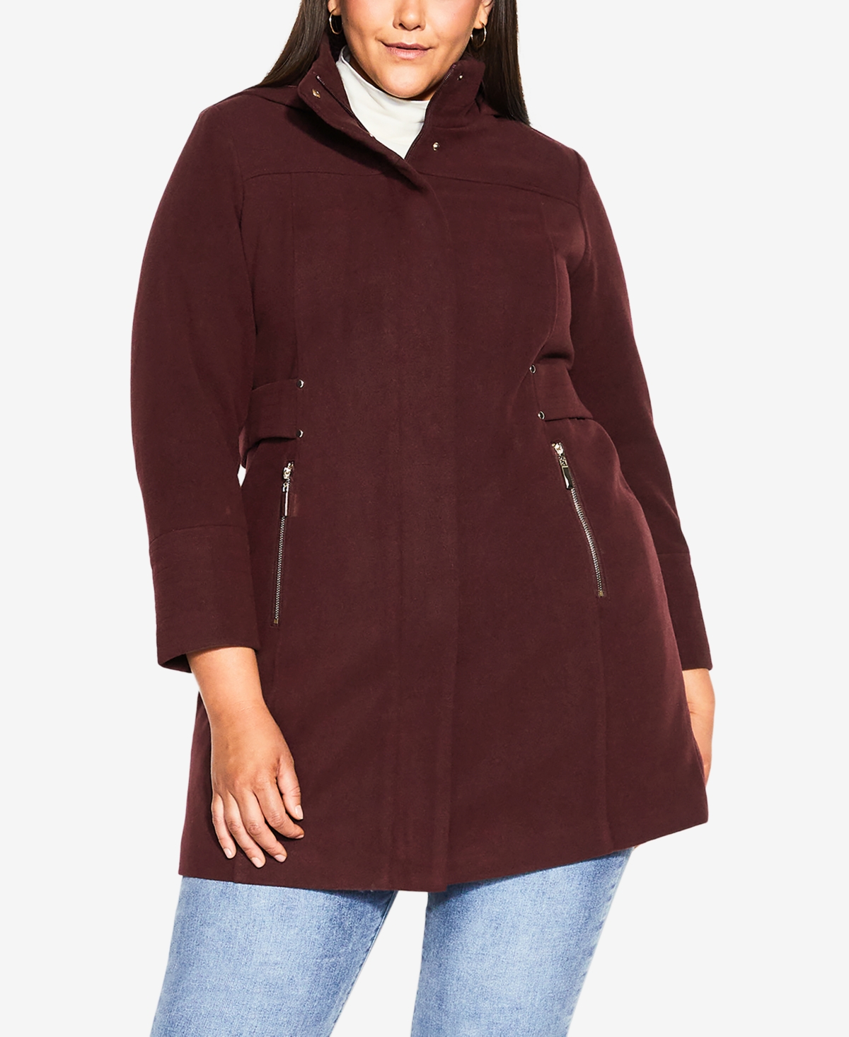 Avenue Plus Size Faux Wool Plain Coat In Red