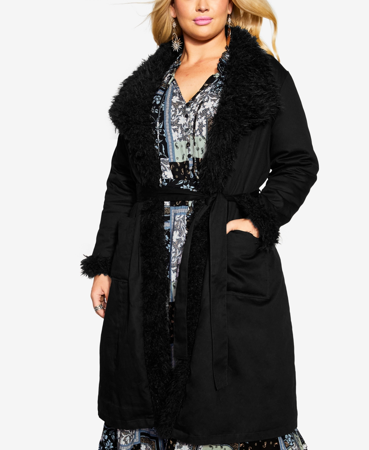 Avenue Plus Size Rochelle Faux Fur Trim Jacket In Black