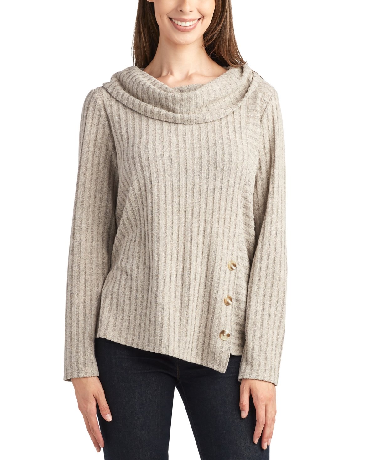 Juniors' Cowlneck Button-Trimmed Ribbed Sweater - Sparkling