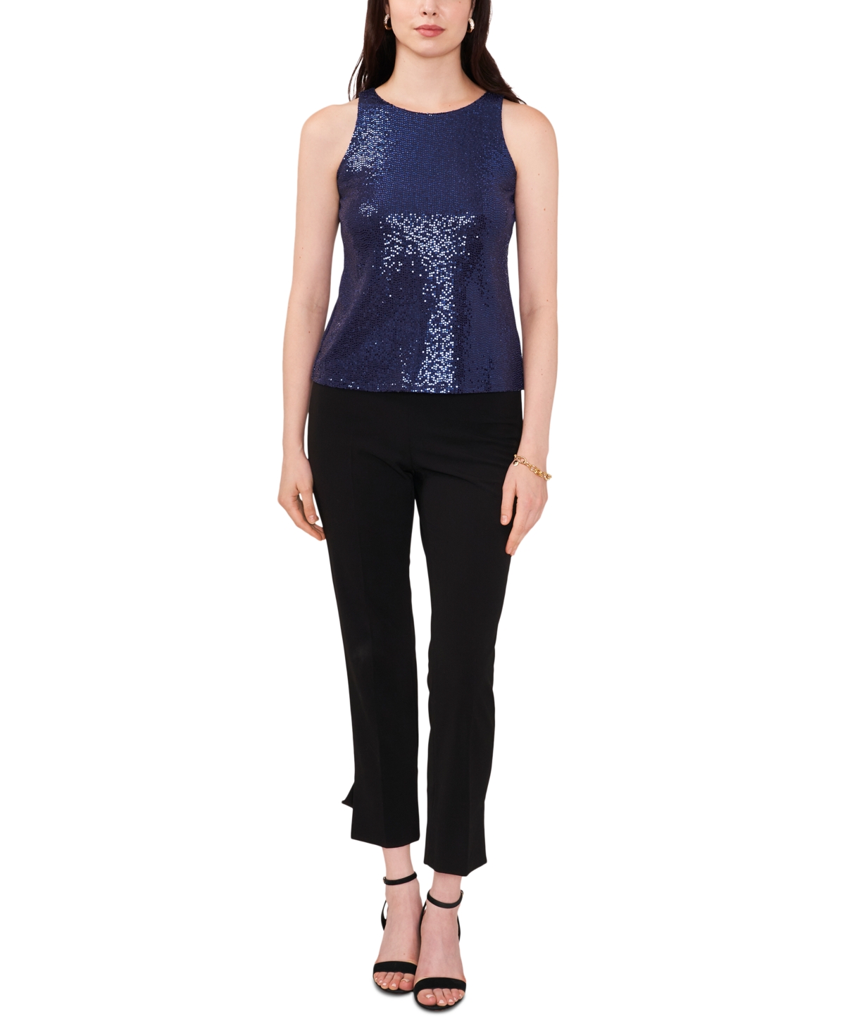 Msk Petite Sequin Sleeveless Round-neck Keyhole Top In Midnight