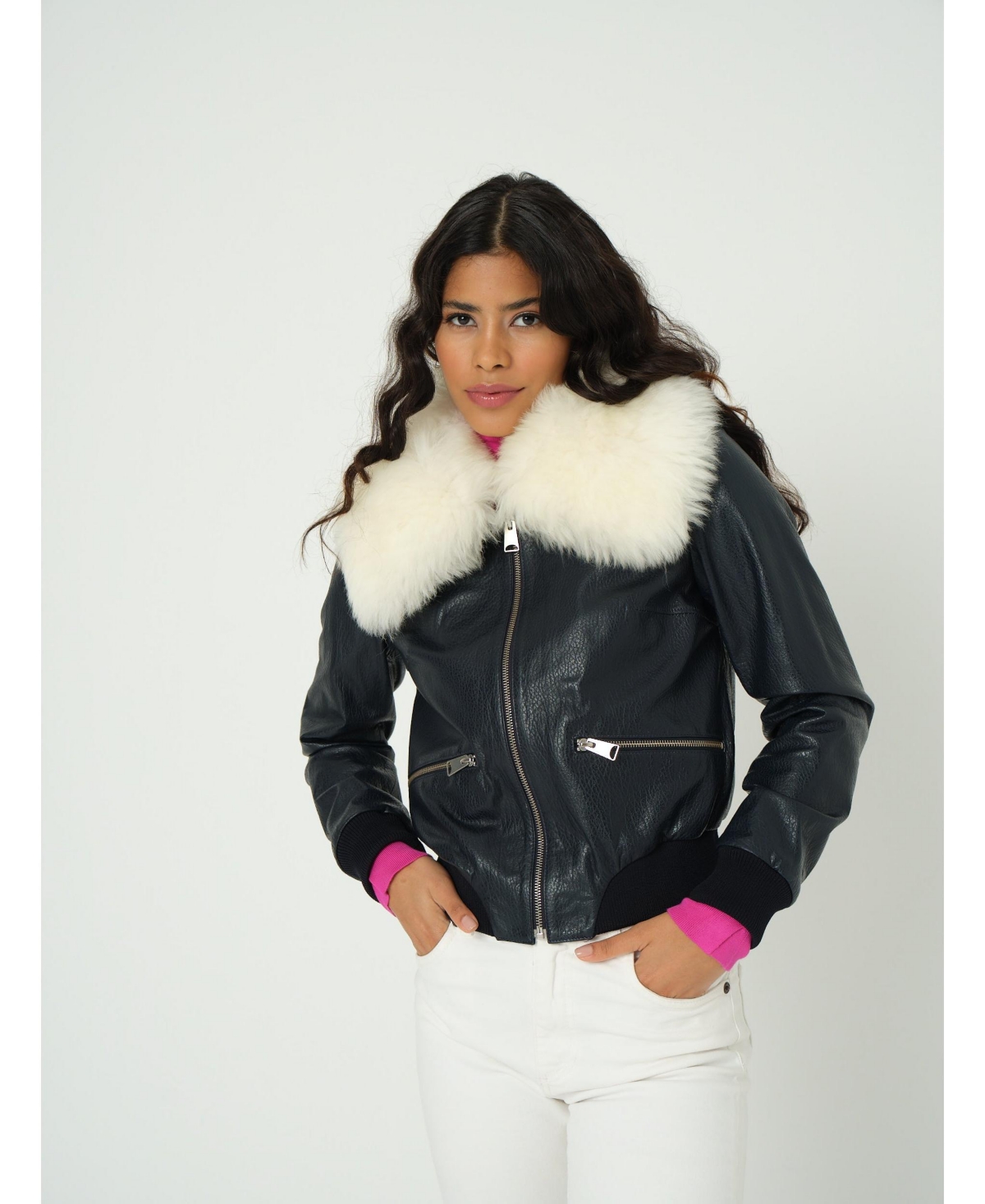 Furniq Uk Women's Detachable Natural Shearling Collar Bomber Jacket, Jumbo Pattern- Navy