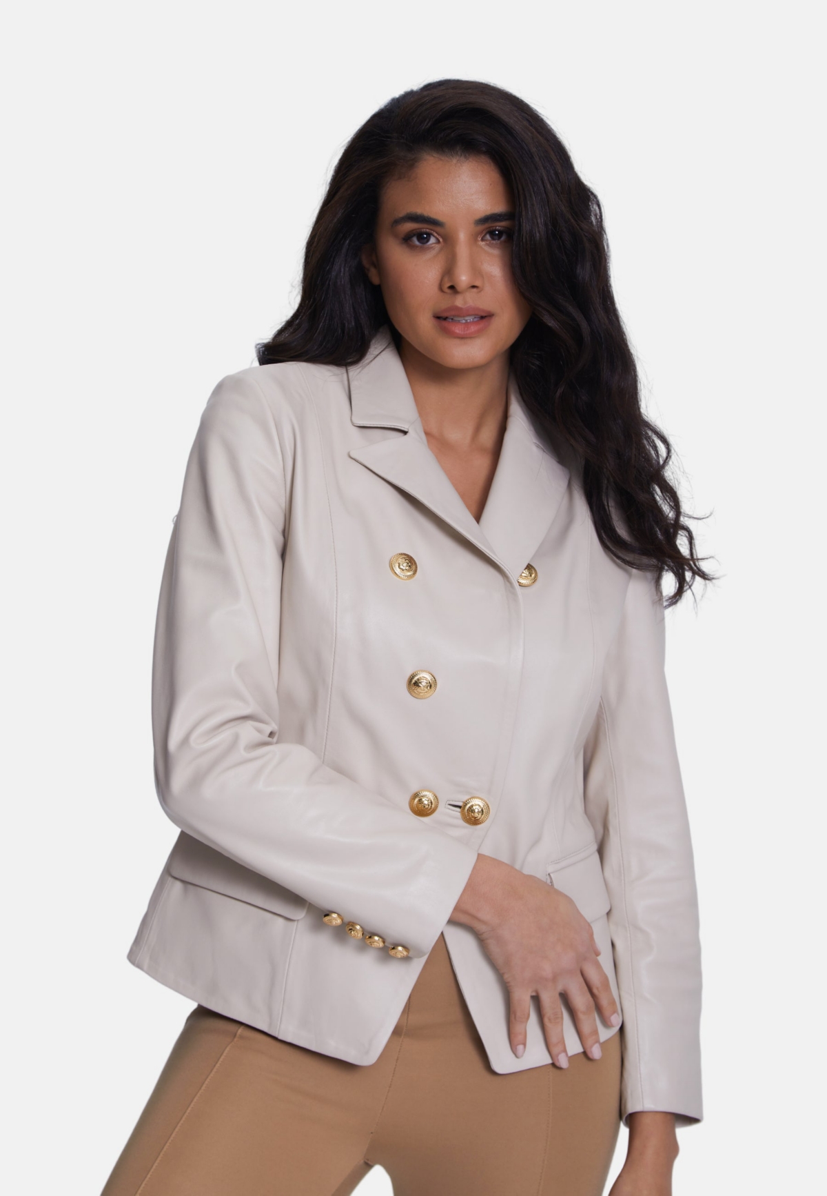 Furniq Uk Women's Genuine Leather Blazer Jacket,- Beige