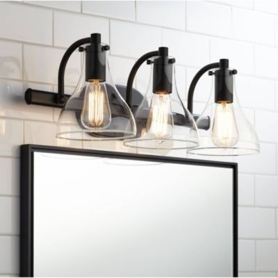 Sorren Industrial Modern Wall Light Black Metal Hardwired 20 1/2" 3-Light Fixture Curving Clear Glass Shade for Bedroom Bedside Bathroom Vanity Living Room Hallway Dining House