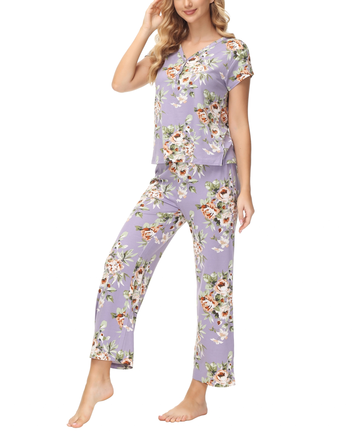Echo Women's 2 Piece Printed Short Sleeve Henley Top with Wide Pants Pajama Set