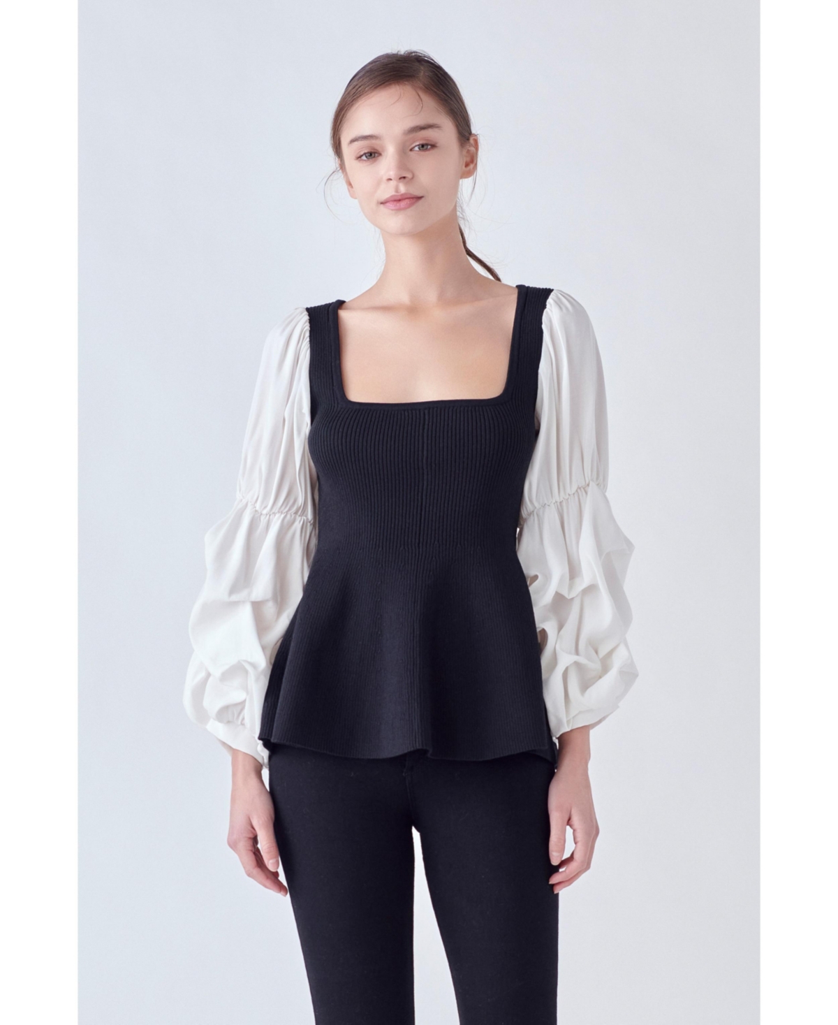 English Factory Women's Mixed Media Ribbed Top -white