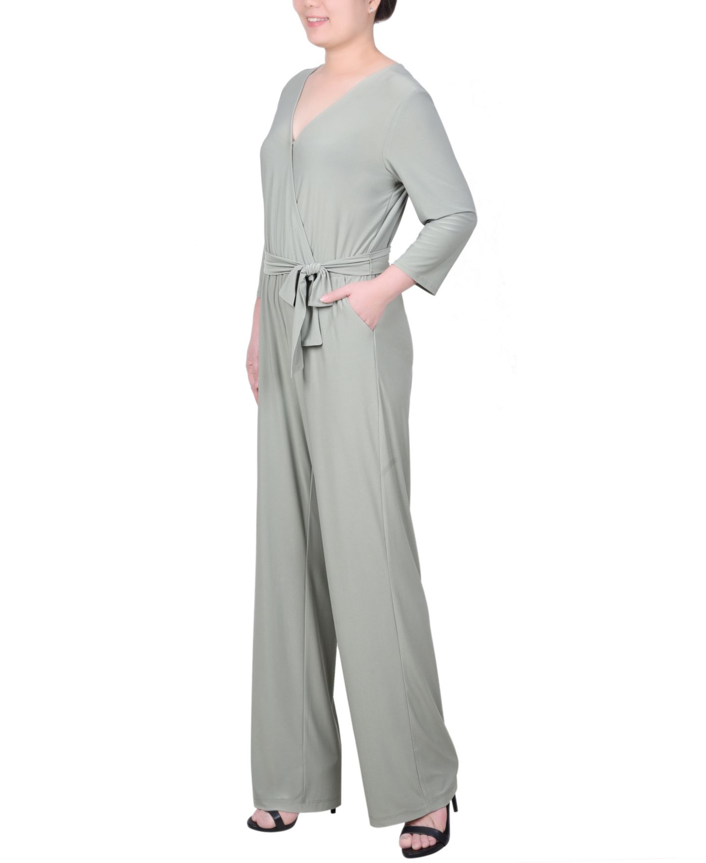 Женский комбинезон NY Collection Petite 3/4 Sleeve Printed Belted Jumpsuit, цвет: Зелёный — фото 3