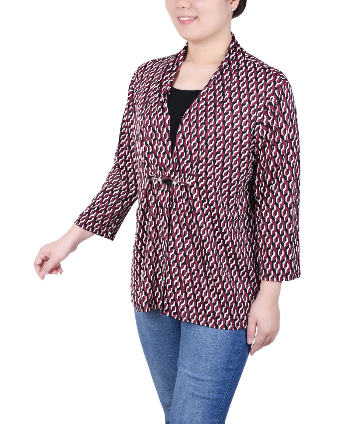 Женский топ NY Collection Petite Puff Print 3/4 Sleeve Two-Fer, цвет: Тёмно-бордовый чёрный — фото 3
