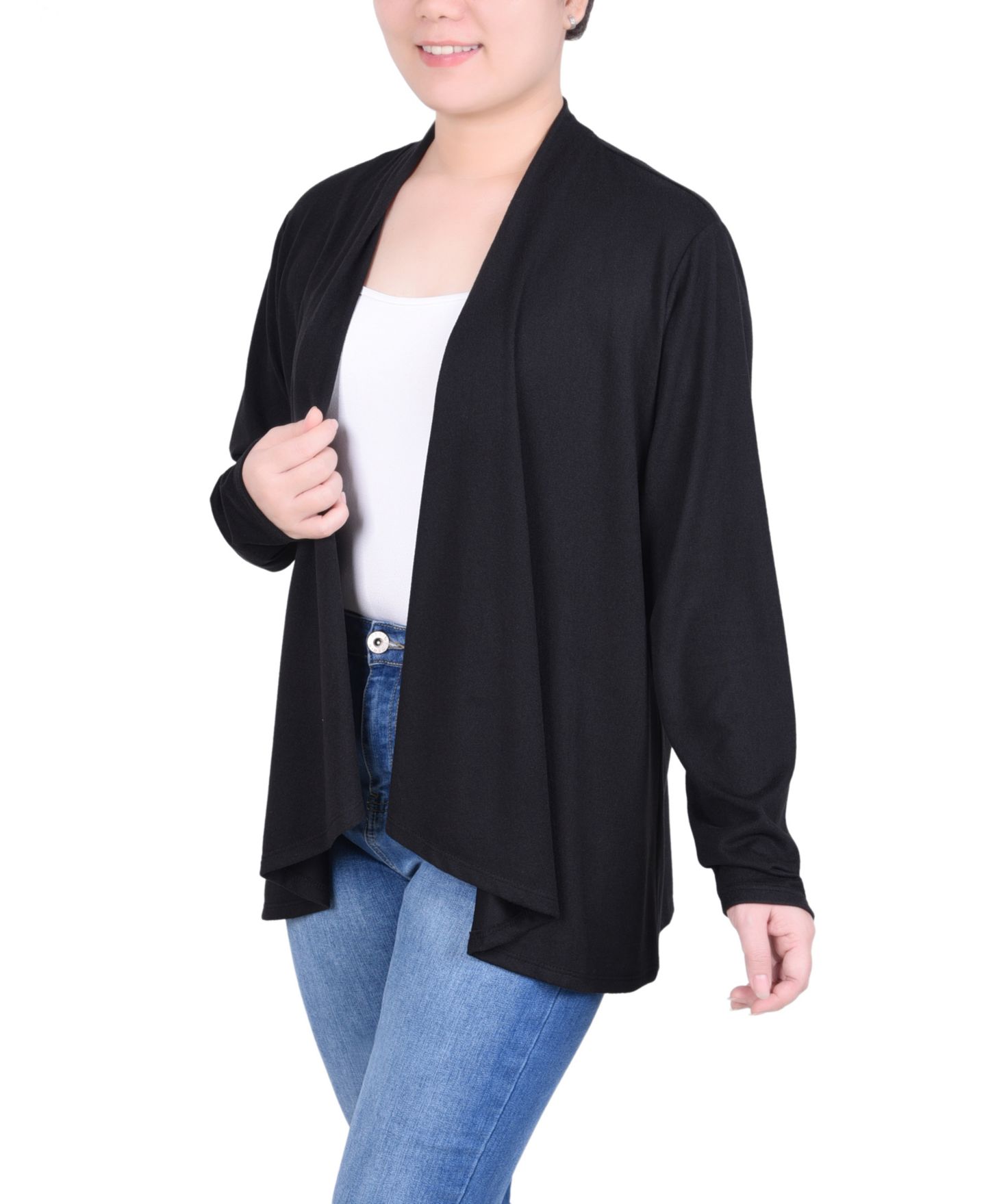 Женский кардиган NY Collection Petite Long Sleeve Swing Cardigan, цвет: Чёрный — фото 3