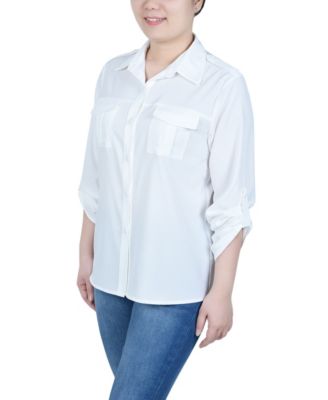 Petite 3/4 Sleeve Roll Tab Utility Blouse