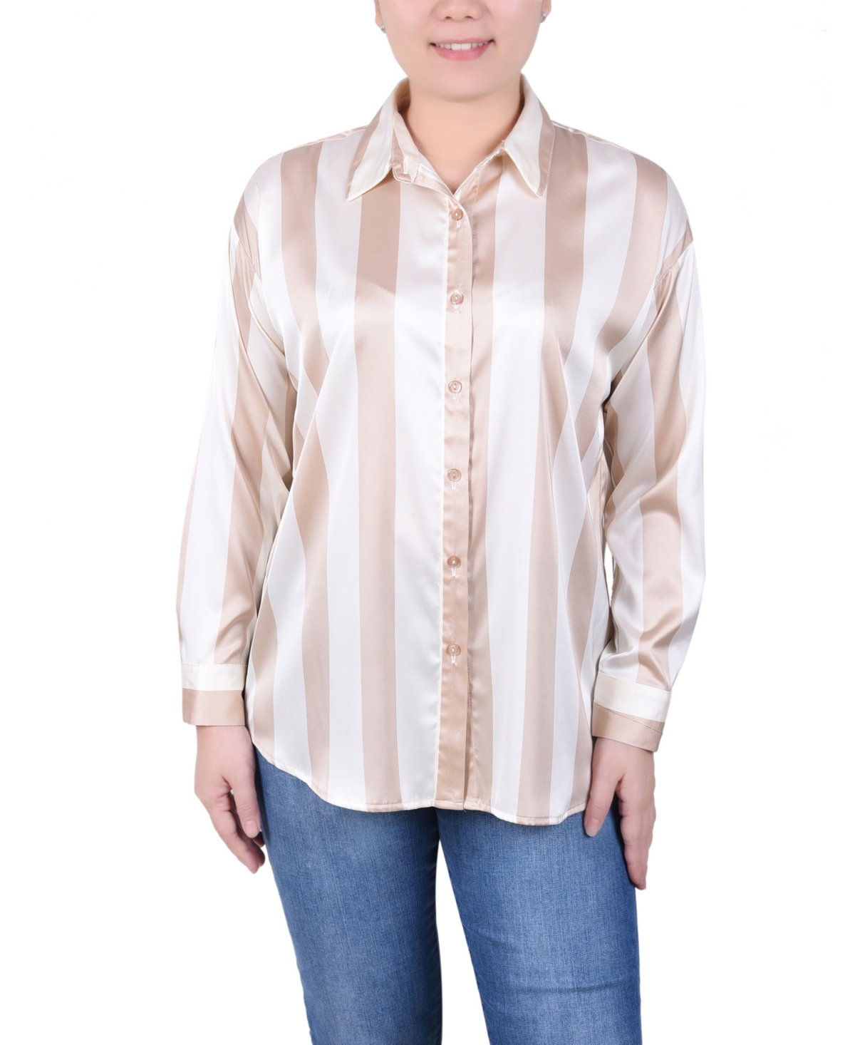 Shop Ny Collection Petite Long Sleeve Striped Satin Blouse In Oxford Tan Eggnog