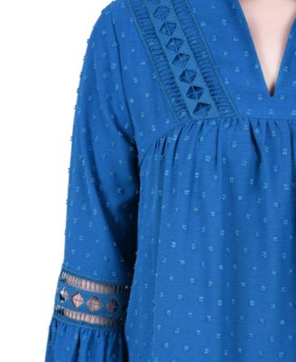 Petite Long Sleeve Blouse with Crochet Trim