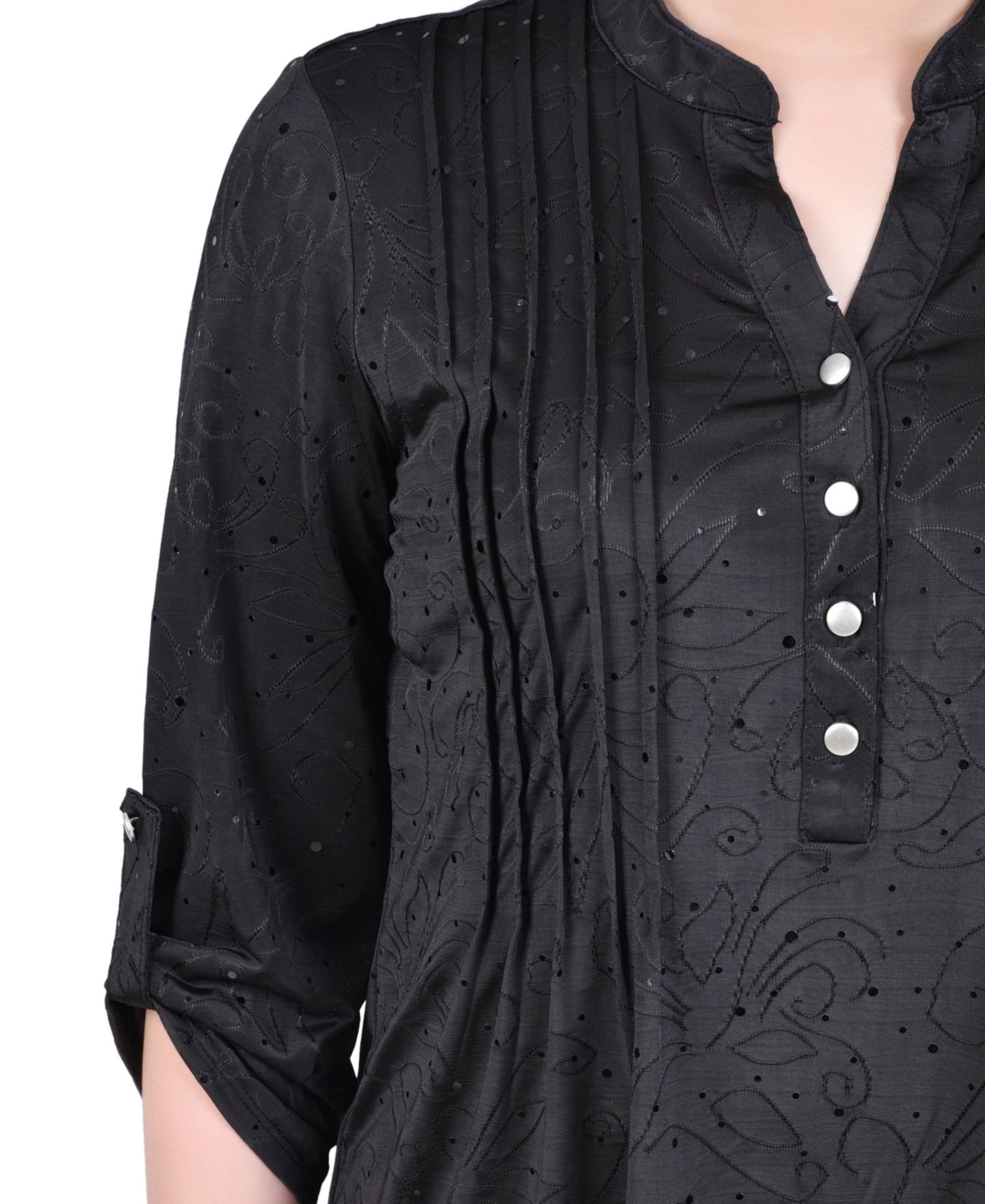 Женский топ NY Collection Petite 3/4 Sleeve Roll Tab Y Neck, цвет: Чёрный — фото 4