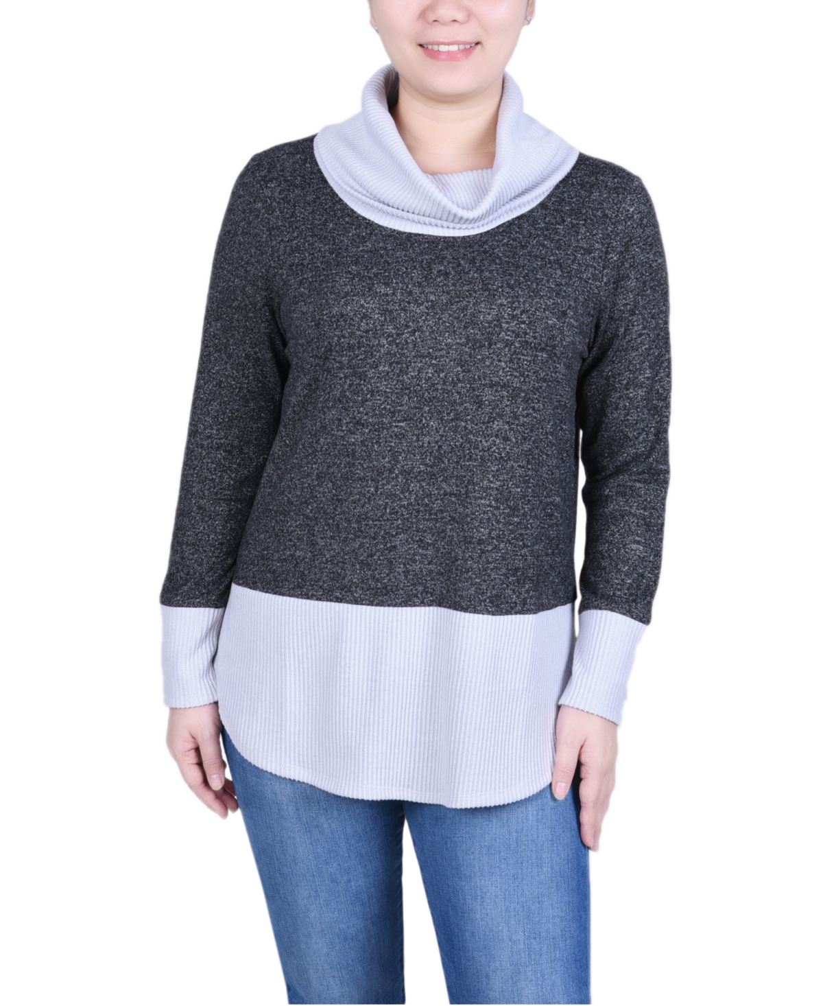 Petite Long Sleeve Cowl Neck Colorblocked Top - Black Charcoal