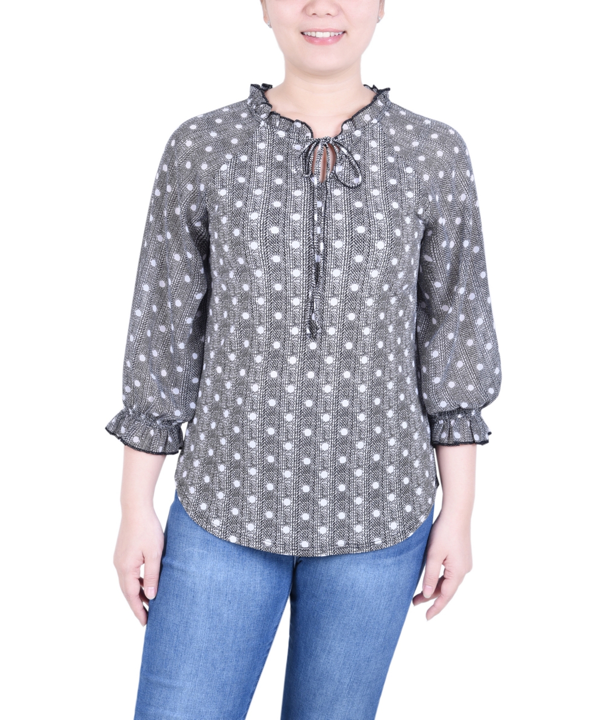 Petite Mock-neck Chiffon Sleeve Knit Top - Black White Abstract Dot