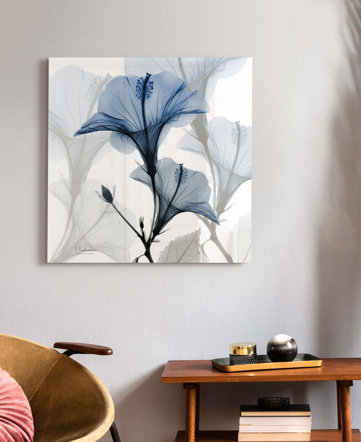 Empire Art Direct "blue X-ray Floral" Frameless Free Floating Tempered Glass Panel Graphic Wall Art, 24" X 24" X 0.2" In Blue,gray