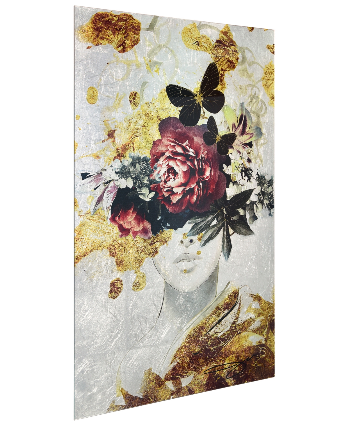 Empire Art Direct "gold-tone Elegance" Reverse Printed Tempered Glass With Silver-tone Leaf, 36" X 24" X 0.2" In Sliver,black,gold,red