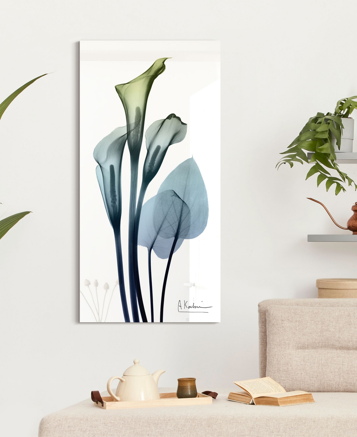 Shop Empire Art Direct "calia Lily" Frameless Free Floating Tempered Glass Panel Graphic Wall Art, 48" X 24" X 0.2" In Bleached Denim