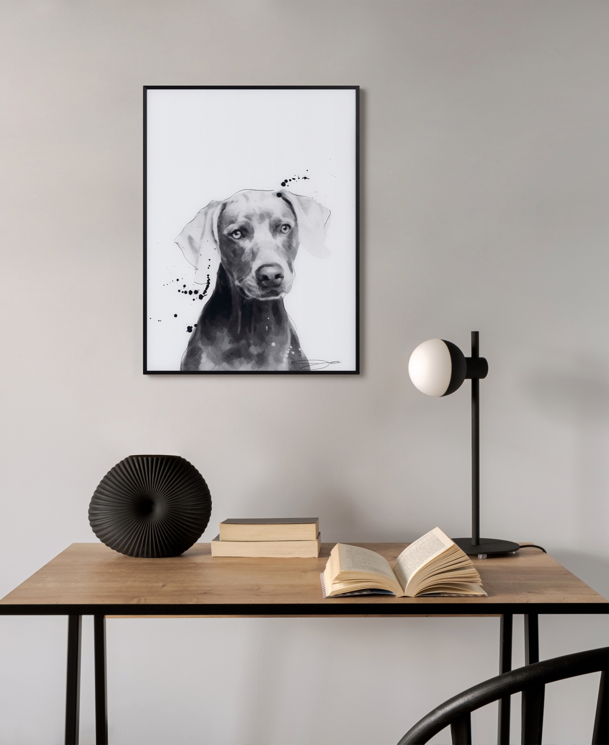 Shop Empire Art Direct "weimaraner" Pet Paintings On Printed Glass Encased With A Black Anodized Frame, 24" X 18" X 1" In Black And White