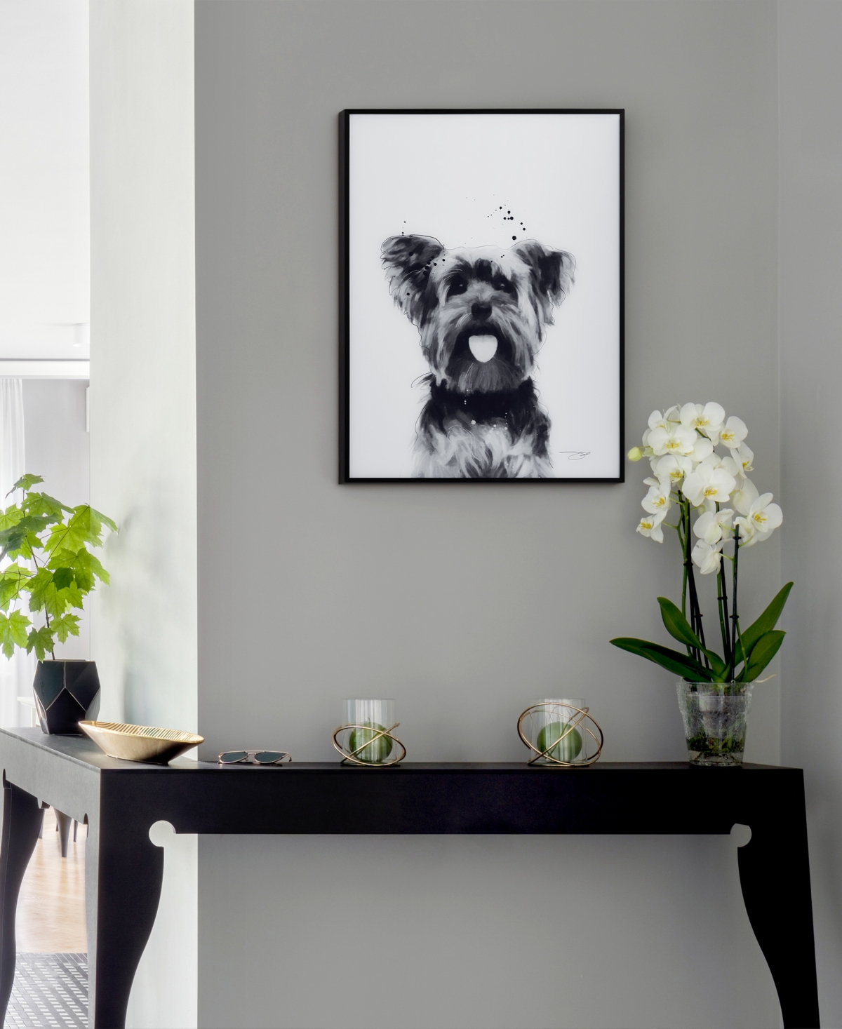 Shop Empire Art Direct "yorkshire Terrier" Pet Paintings On Printed Glass Encased With A Black Anodized Frame, 24" X 18" X  In Black And White