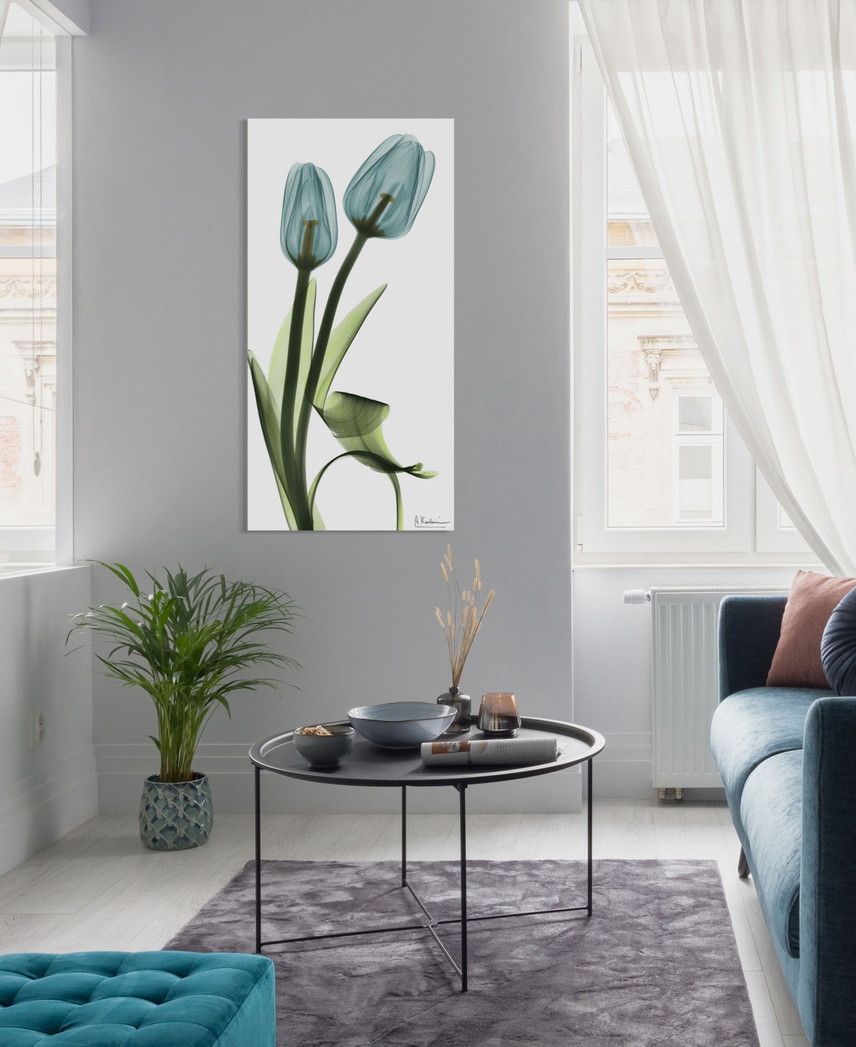 Empire Art Direct "blue Tulips" Frameless Free Floating Tempered Glass Panel Graphic Wall Art, 48" X 24" X 0.2" In Blue,green