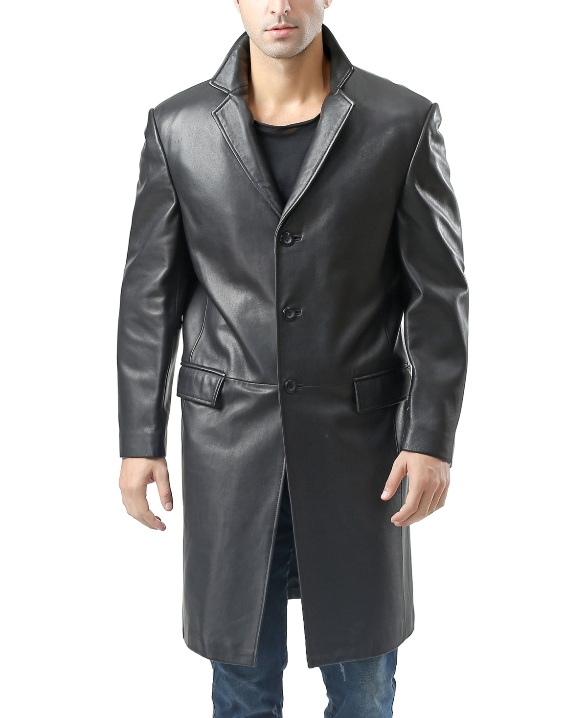 Men Leather Long Walking Coat - Black
