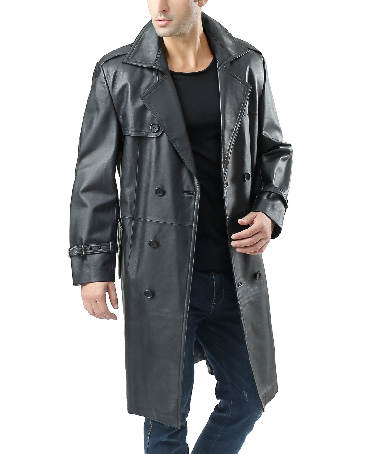 Men Xander Classic Leather Long Trench Coat - Black