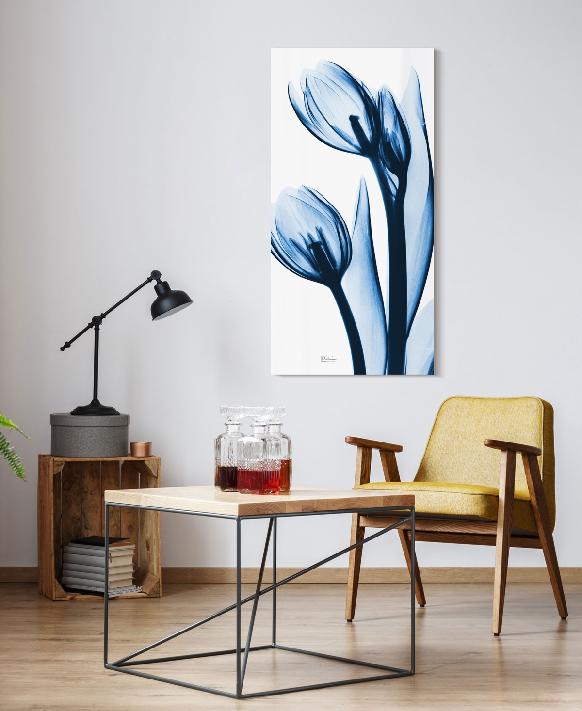 EMPIRE ART DIRECT "TWO BLUE TULIPS" FRAMELESS FREE FLOATING TEMPERED GLASS PANEL GRAPHIC WALL ART, 48" X 24" X 0.2" 