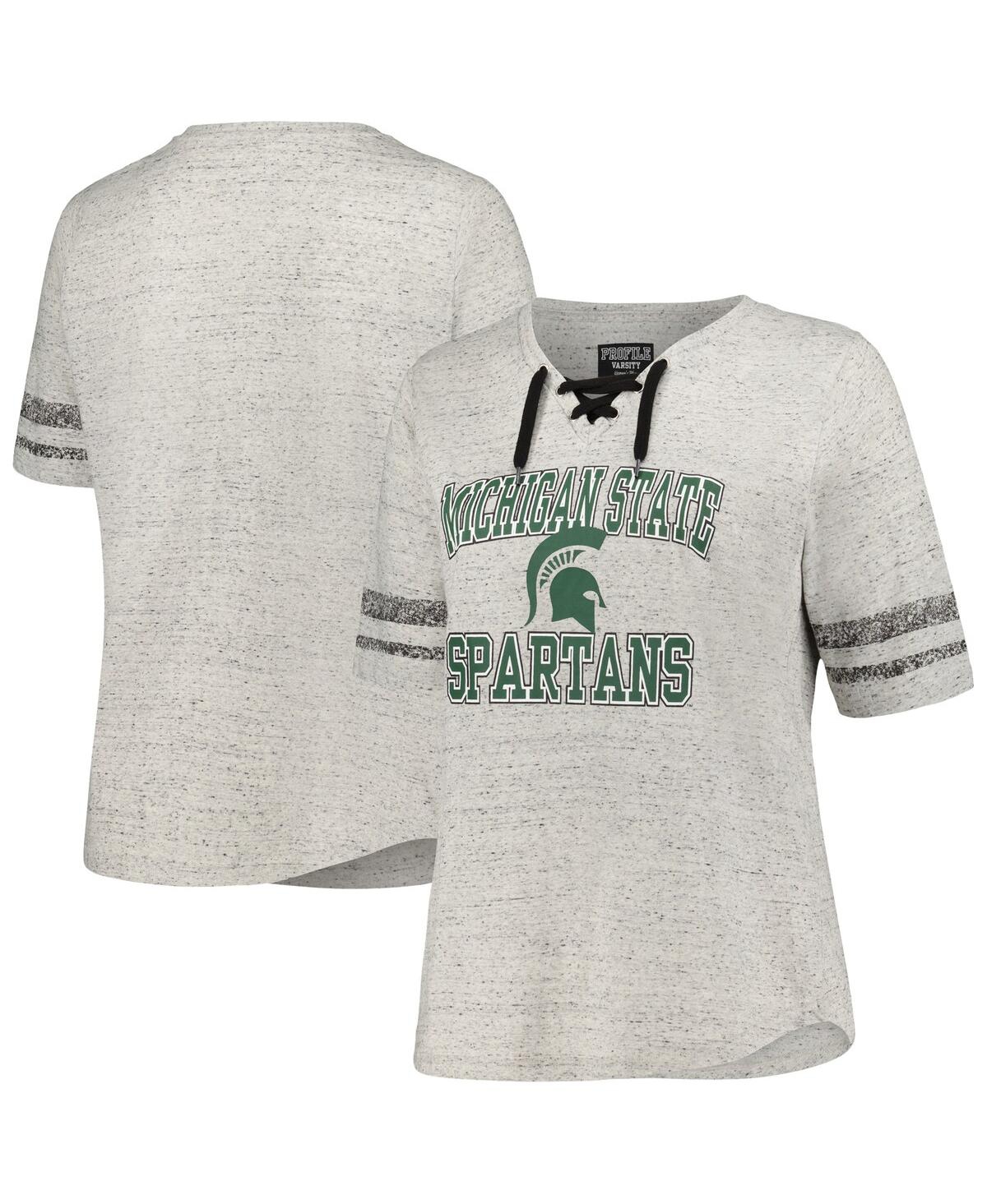 Women's Profile Heather Gray Distressed Michigan State Spartans Plus Size Striped Lace-Up T-shirt - Heather Gray