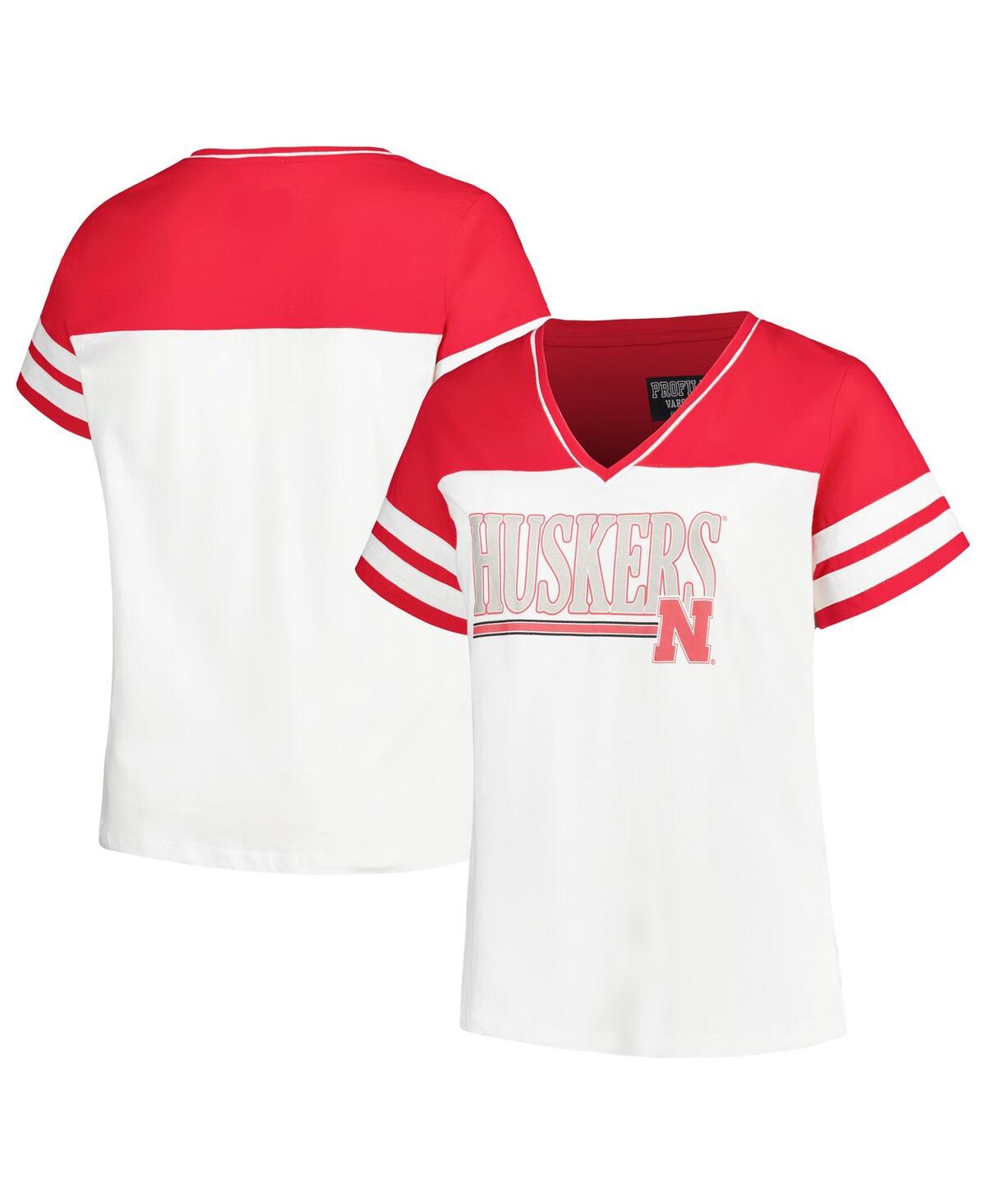 Profile Women's  White, Scarlet Nebraska Huskers Plus Size Field Game V-neck T-shirt In White,scarlet