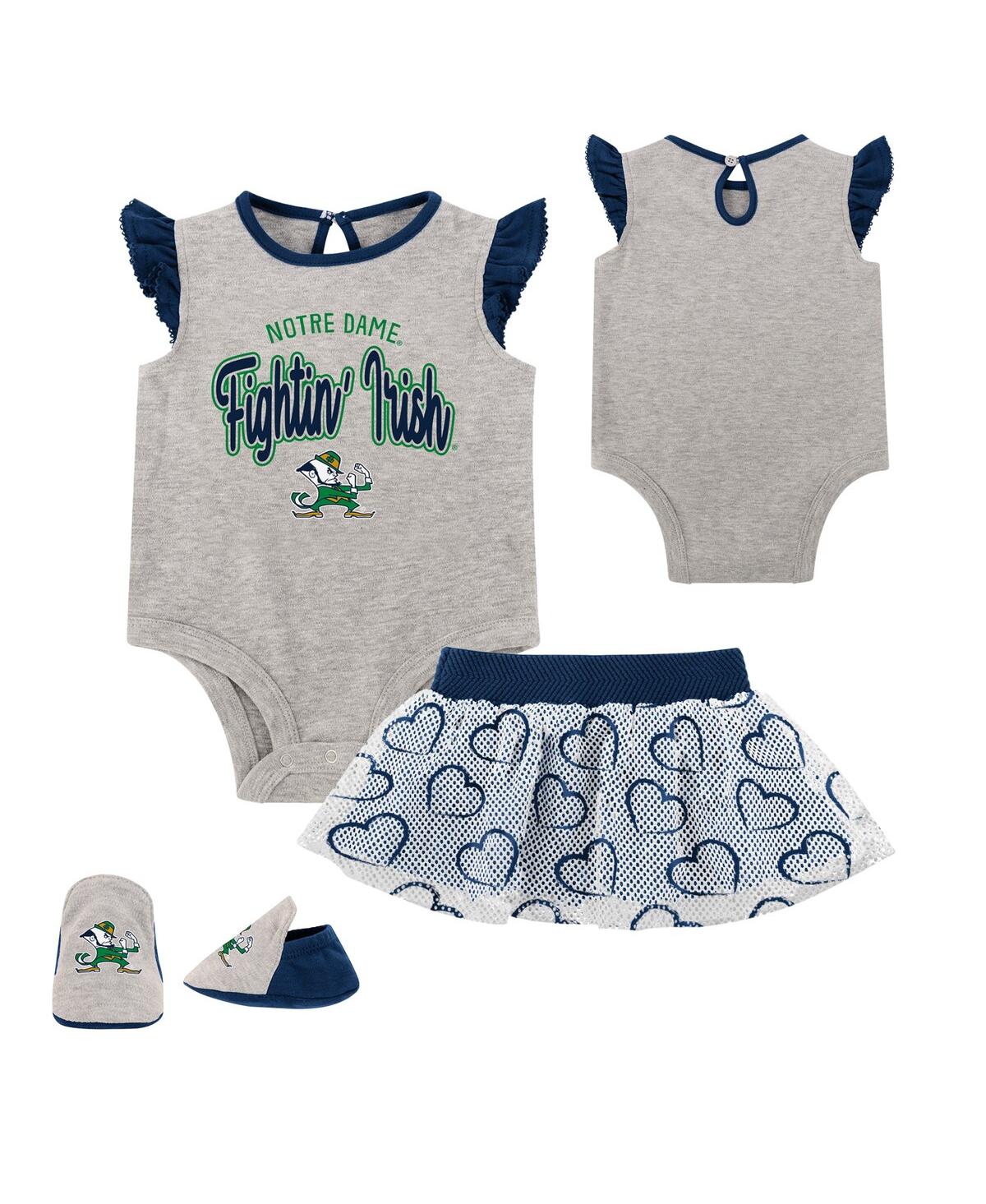 Outerstuff Babies' Girls Newborn Heather Gray Notre Dame Fighting Irish All Dolled Up Bodysuit, Skirt And Bootie Set