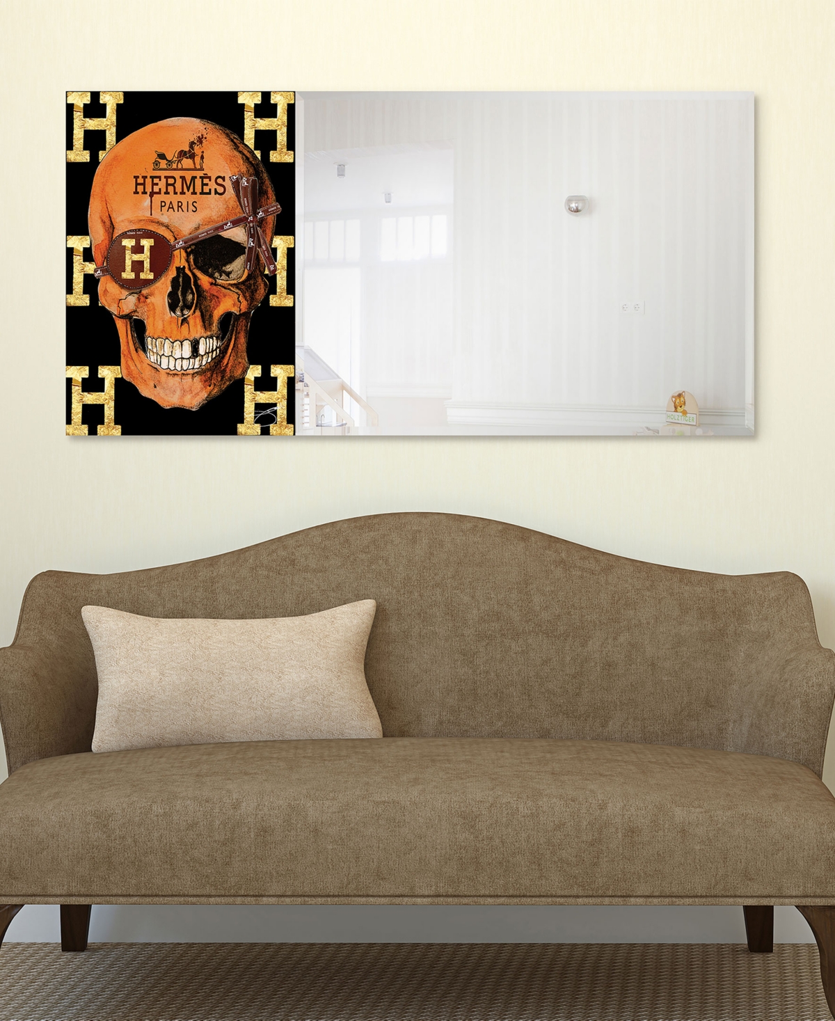 EMPIRE ART DIRECT "DESIGNER SKULL" RECTANGULAR BEVELED MIRROR ON FREE FLOATING PRINTED TEMPERED ART GLASS, 24" X 48" X 