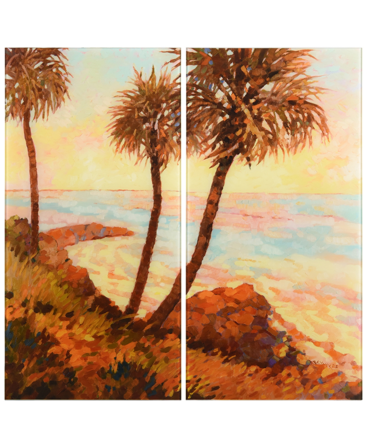Empire Art Direct "palm Breeze I Ab" Frameless Free Floating Tempered Glass Panel Graphic Wall Art Set Of 2, 72" X 36" In Orange