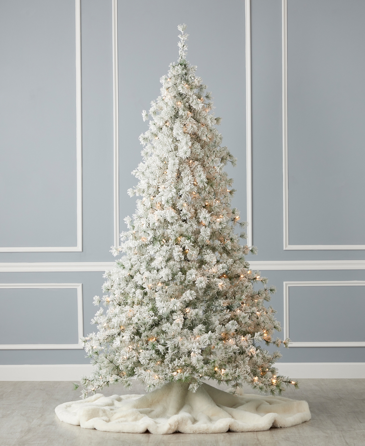 Shop Seasonal Flocked Winter Fir 10' Pre-lit Flocked Hard Needle Tree With Metal Stand 1471 Tips, 450 Warm Led, Re In White